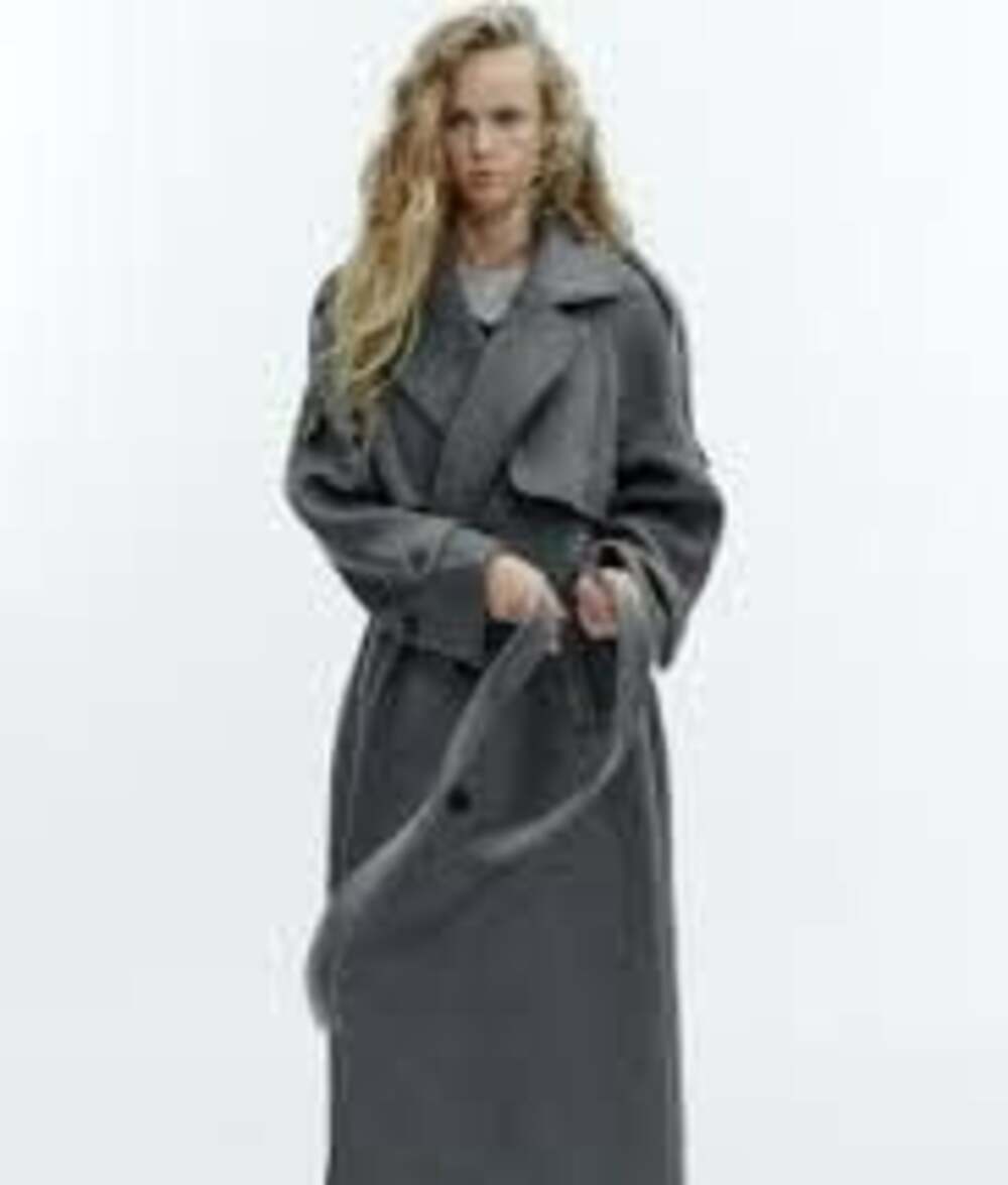 Zara Double-Breasted Wool Blend Belted Trench Coat in Grey Marl